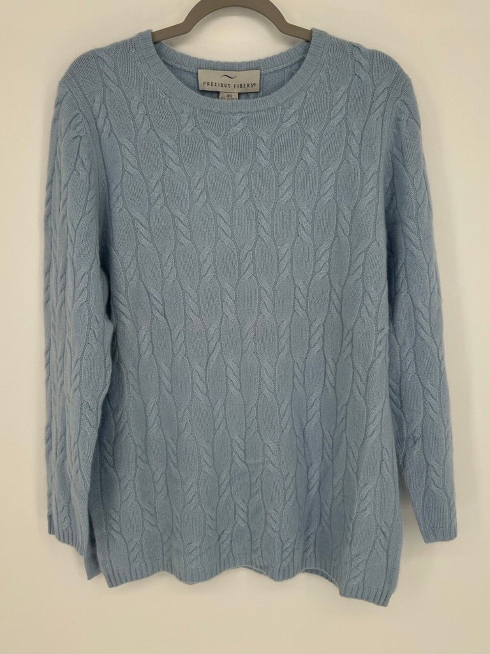 NWT Precious Fibers 100% Cashmere Cable Knit Sweater Baby Blue Size Large Luxury